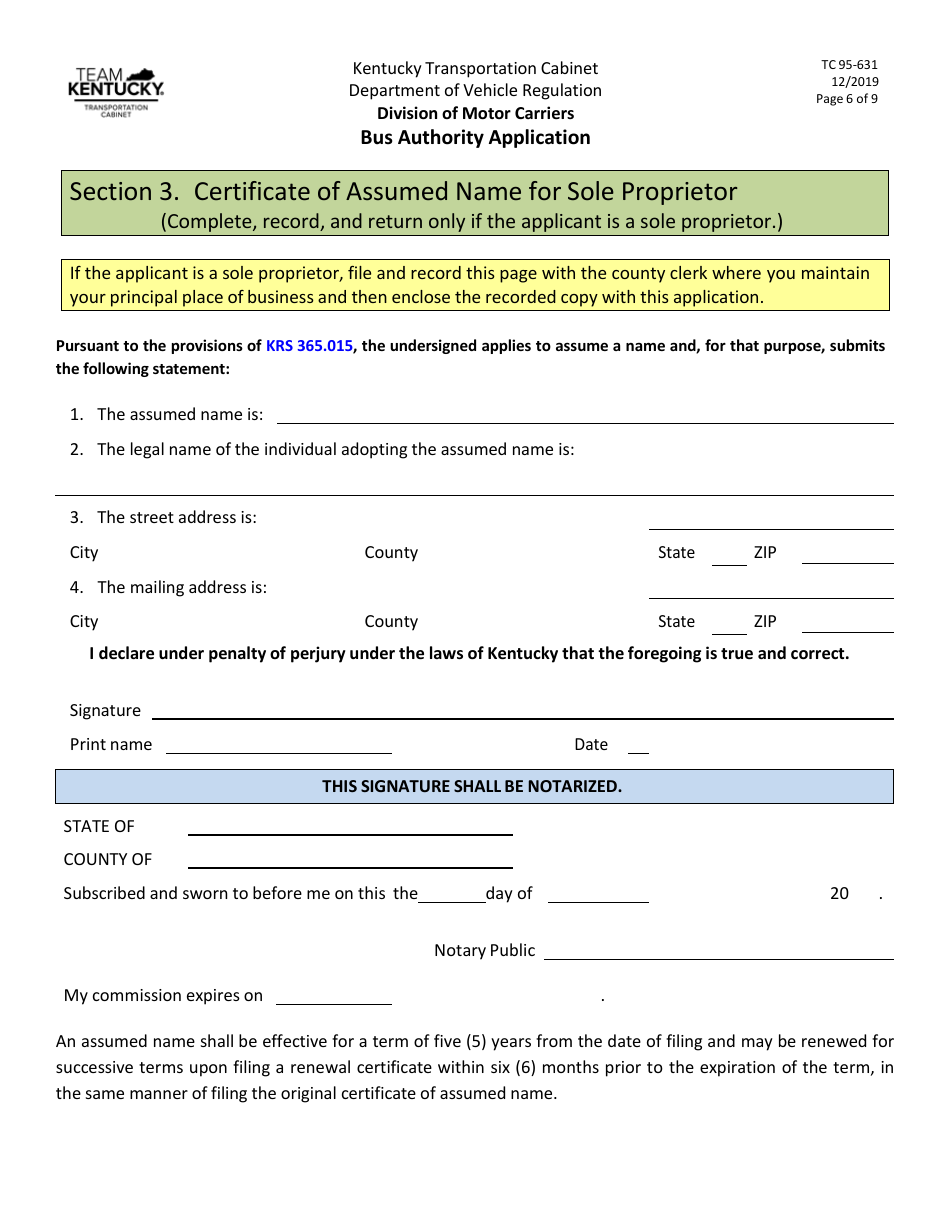 Form TC95-631 Bus Authority Application - Kentucky, Page 6