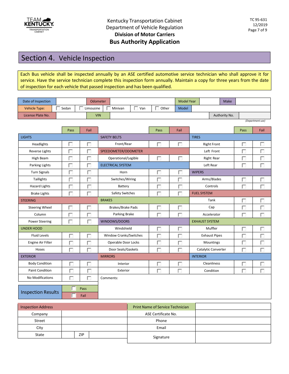 Form TC95-631 Bus Authority Application - Kentucky, Page 7