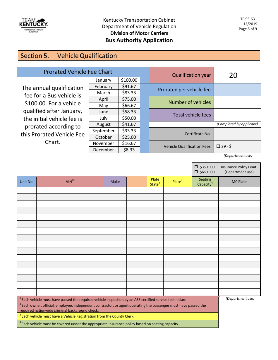 Form TC95-631 Bus Authority Application - Kentucky, Page 8