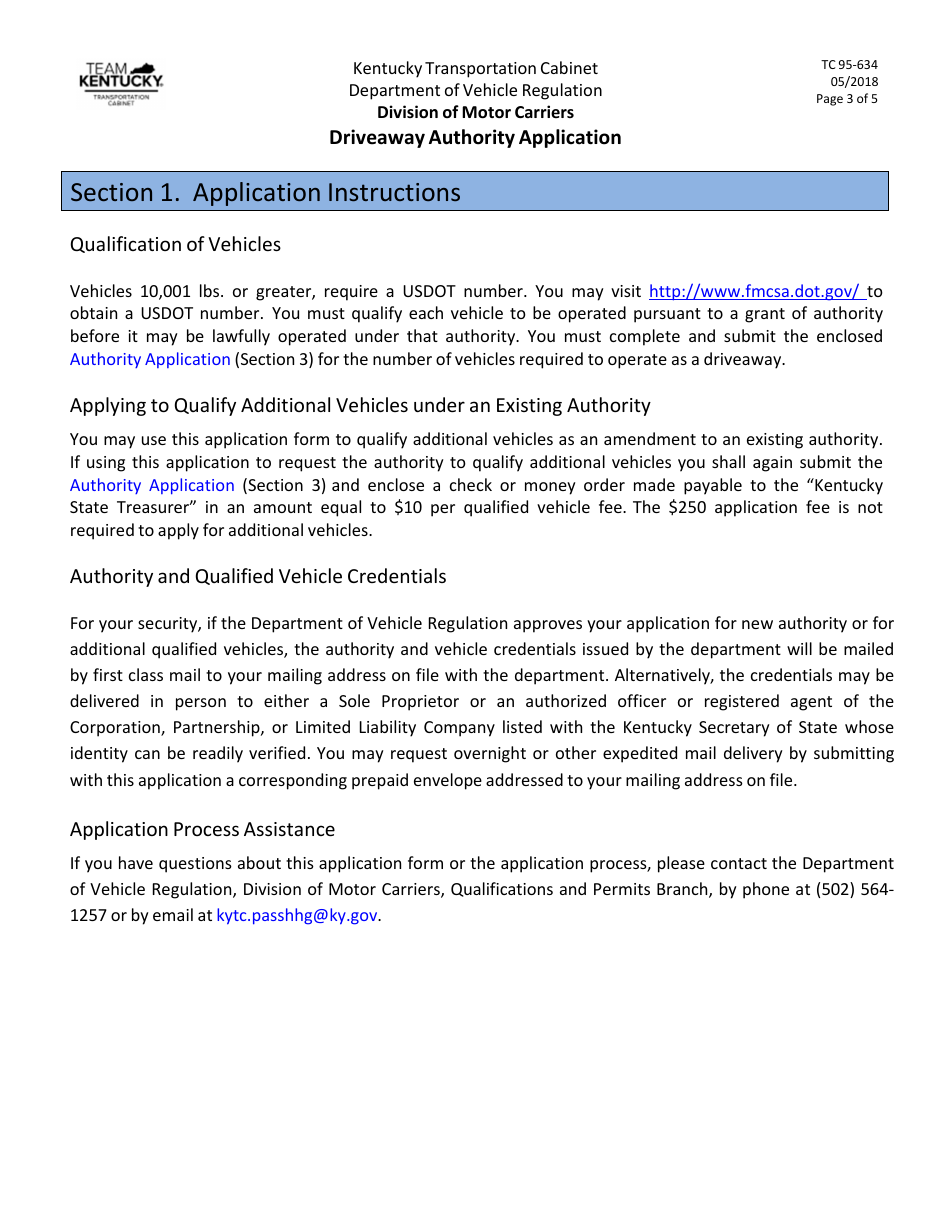 Form TC95-634 Driveaway Authority Application - Kentucky, Page 3