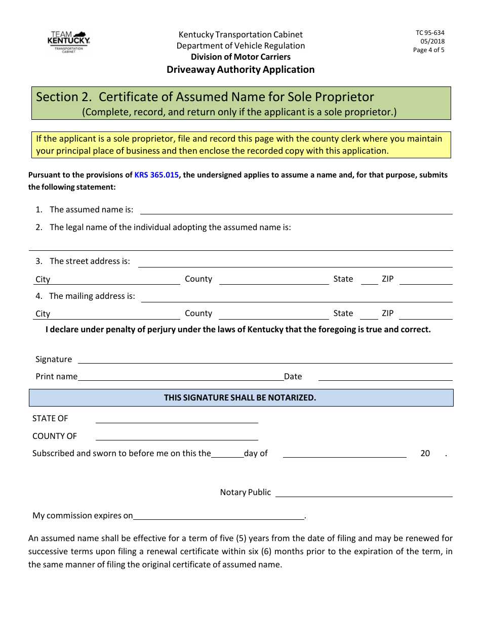 Form TC95-634 Driveaway Authority Application - Kentucky, Page 4