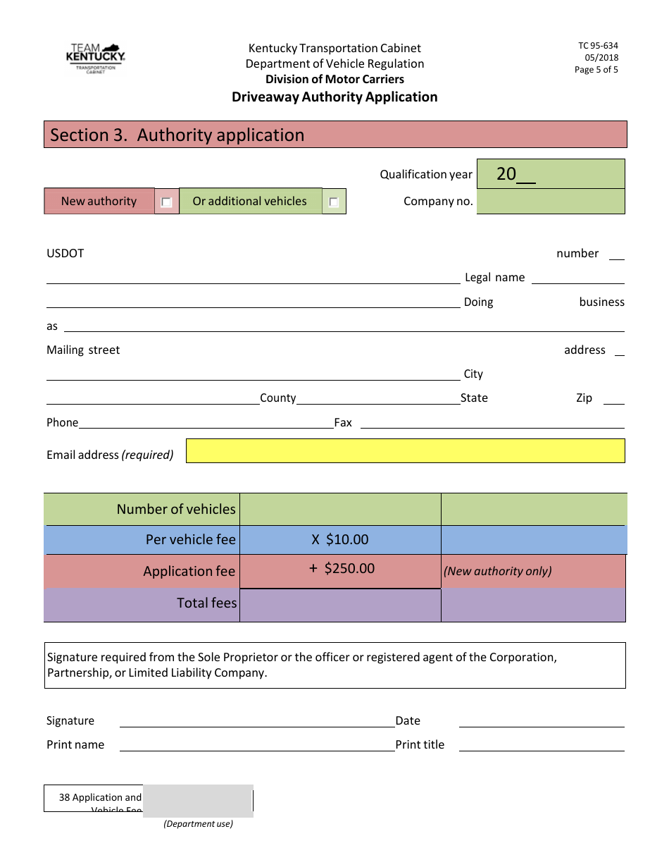 Form TC95-634 Driveaway Authority Application - Kentucky, Page 5