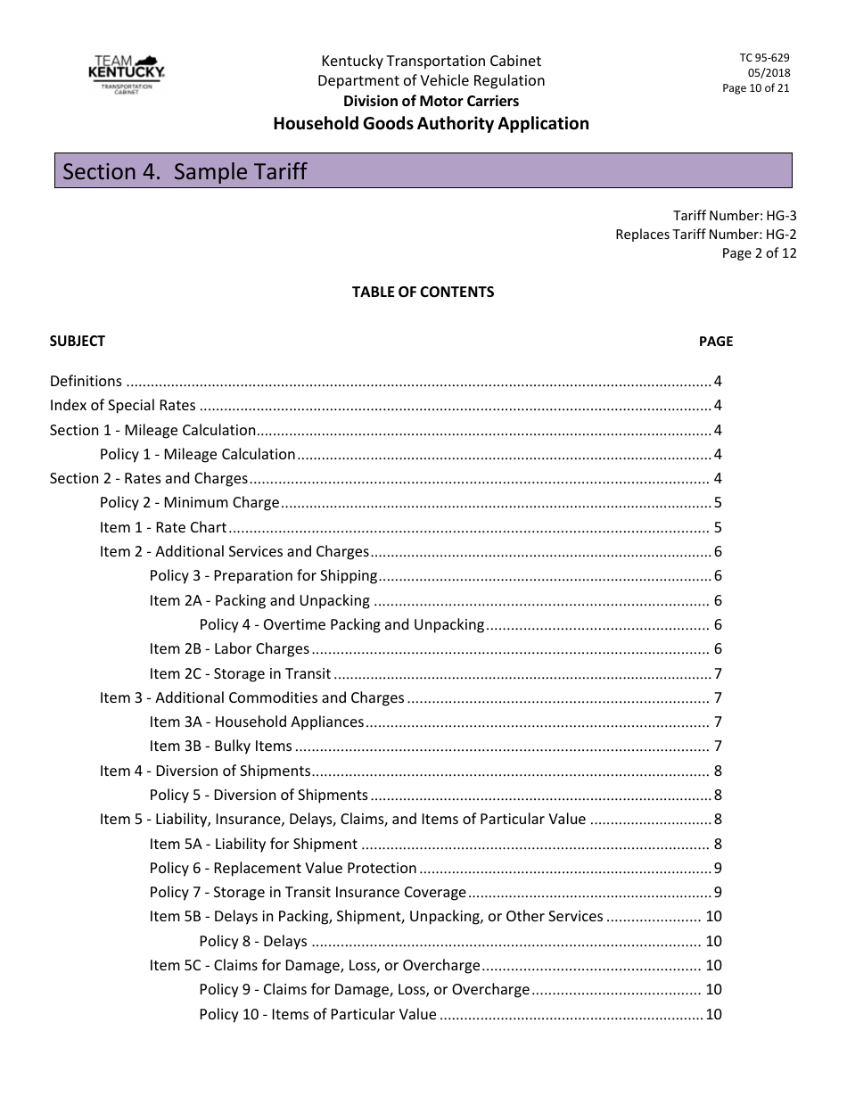 Form TC95-629 Household Goods Authority Application - Kentucky, Page 10