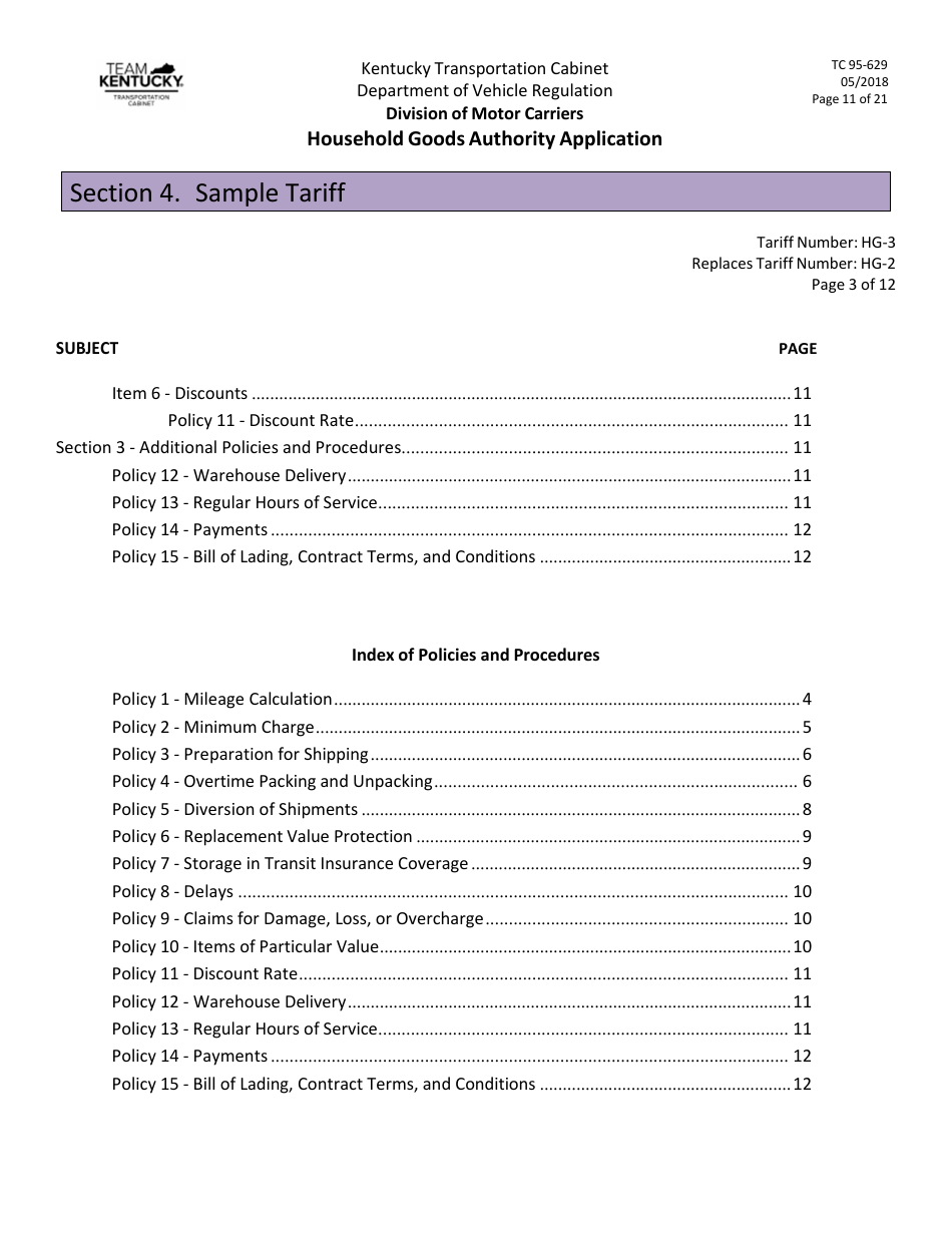 Form TC95-629 Household Goods Authority Application - Kentucky, Page 11