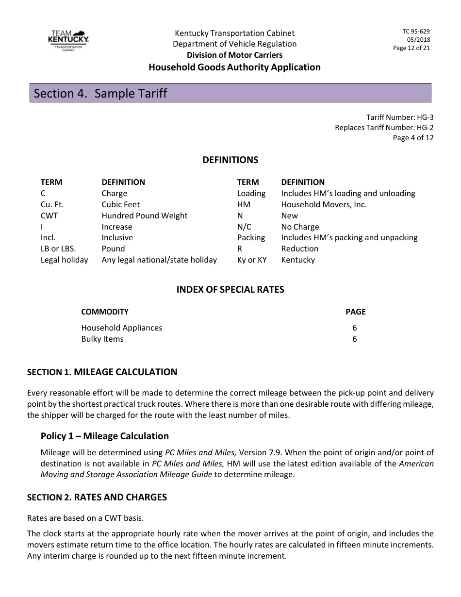 Form TC95-629 Household Goods Authority Application - Kentucky, Page 12