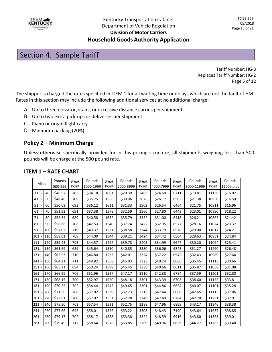 Form TC95-629 Household Goods Authority Application - Kentucky, Page 13