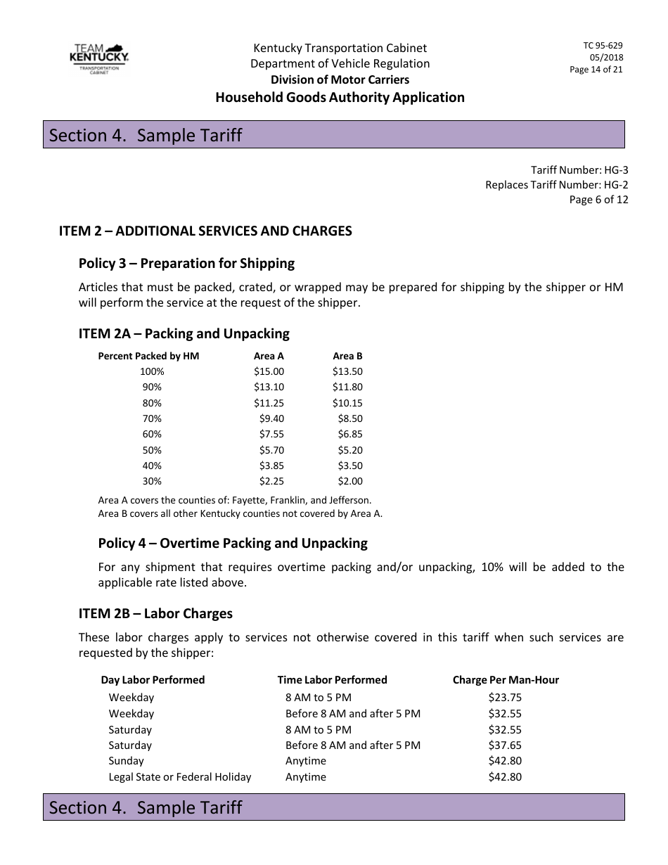Form TC95-629 Household Goods Authority Application - Kentucky, Page 14