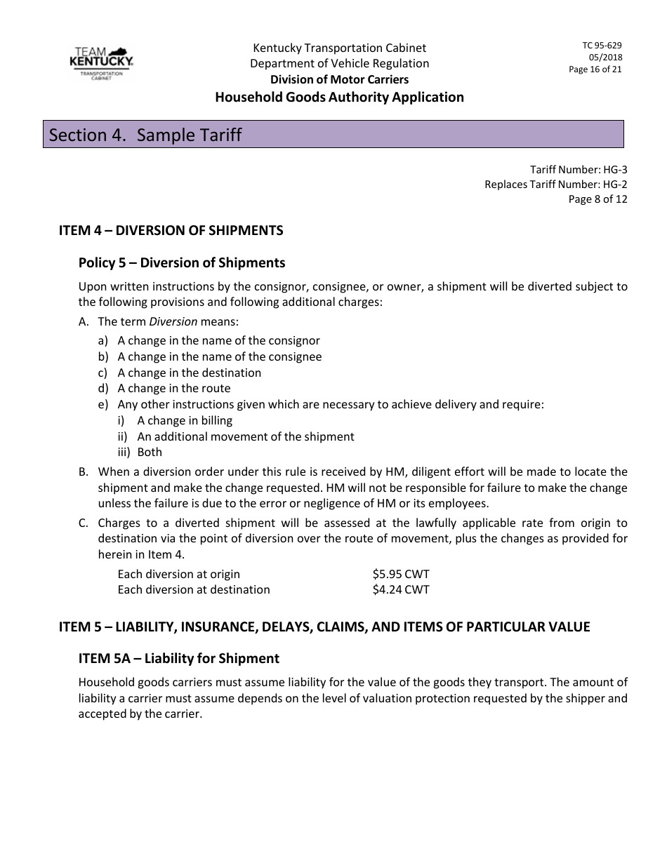 Form TC95-629 Household Goods Authority Application - Kentucky, Page 16