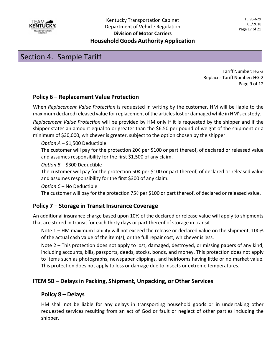 Form TC95-629 Household Goods Authority Application - Kentucky, Page 17