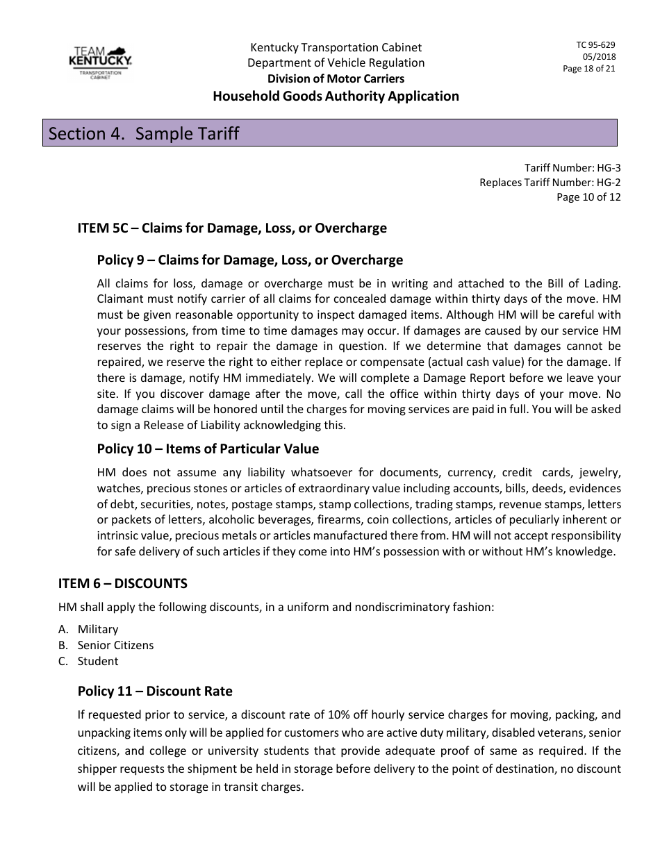 Form TC95-629 Household Goods Authority Application - Kentucky, Page 18
