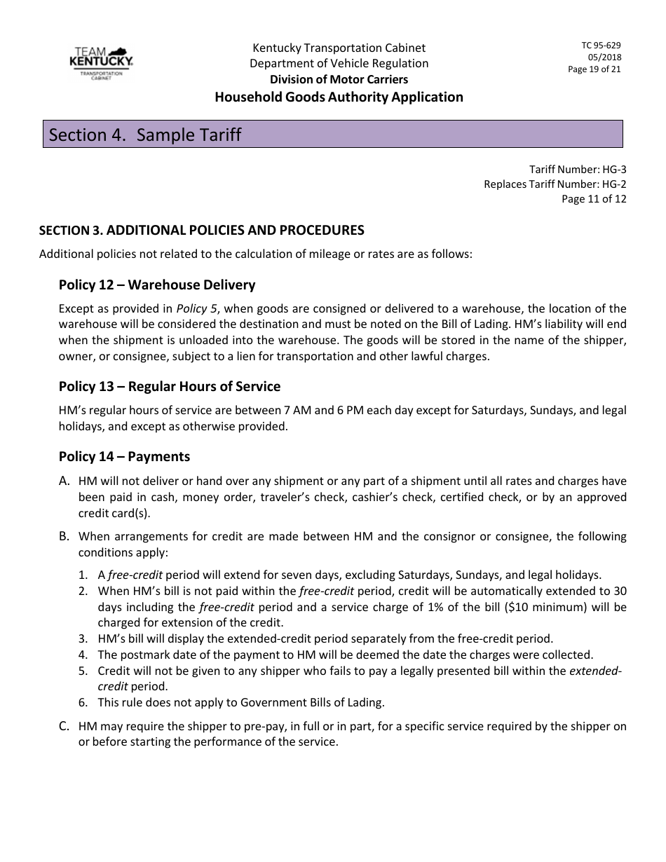 Form TC95-629 Household Goods Authority Application - Kentucky, Page 19