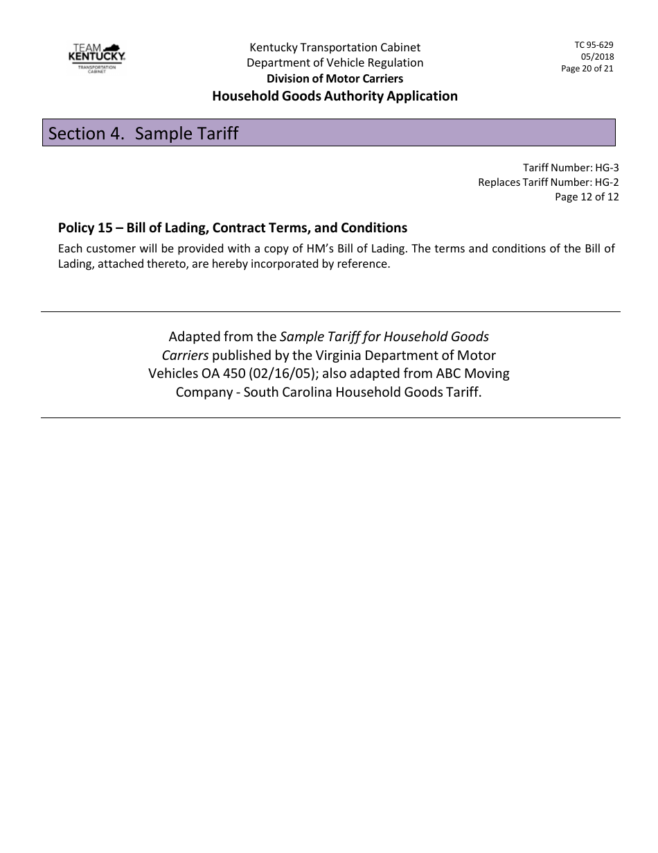 Form TC95-629 Household Goods Authority Application - Kentucky, Page 20