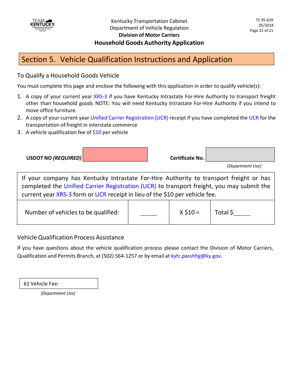 Form TC95-629 Household Goods Authority Application - Kentucky, Page 21
