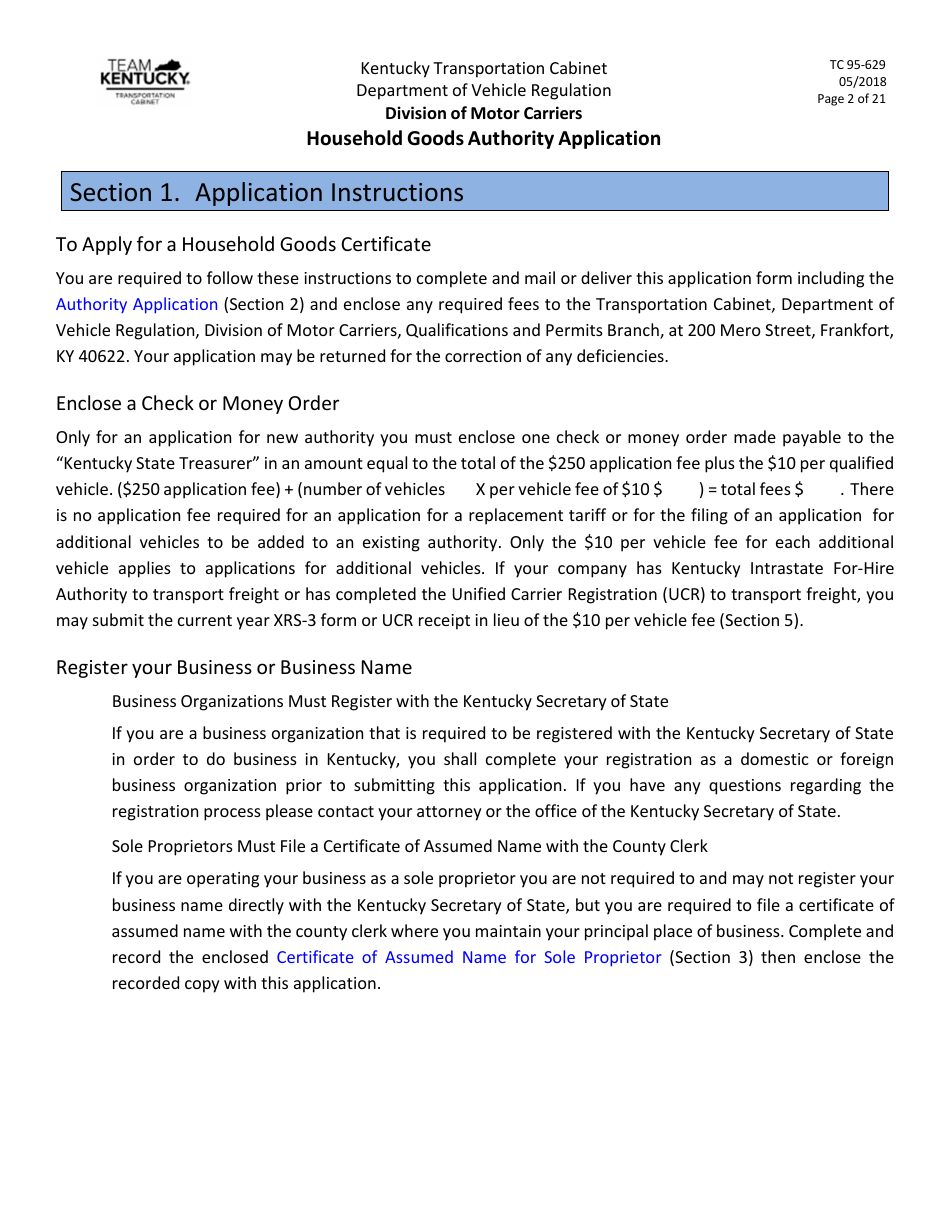 Form TC95-629 Household Goods Authority Application - Kentucky, Page 2