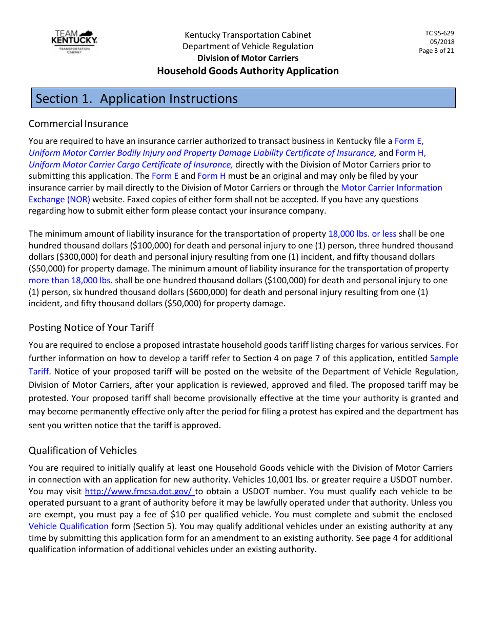 Form TC95-629 Household Goods Authority Application - Kentucky, Page 3