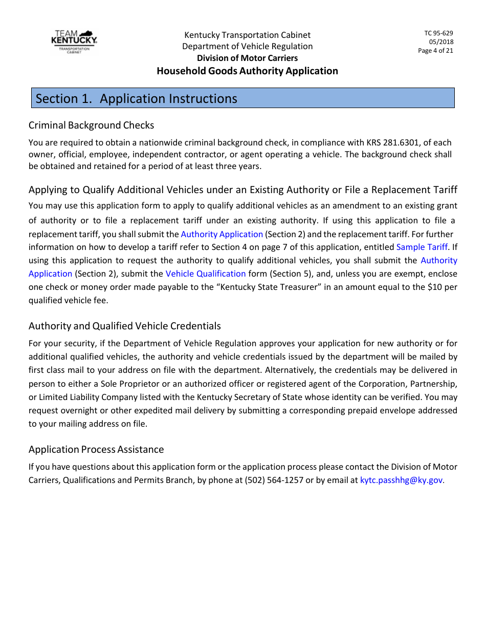 Form TC95-629 Household Goods Authority Application - Kentucky, Page 4