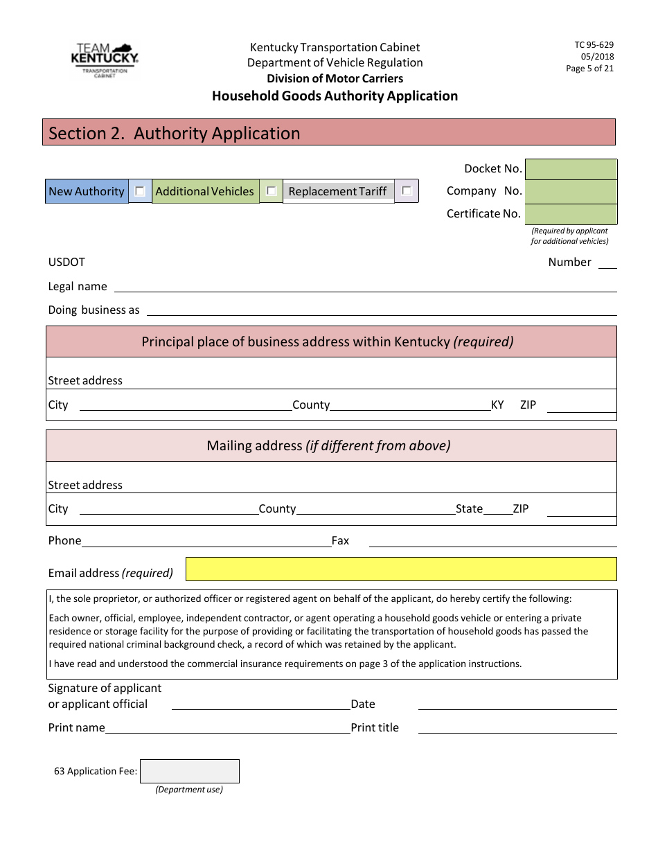 Form TC95-629 Household Goods Authority Application - Kentucky, Page 5