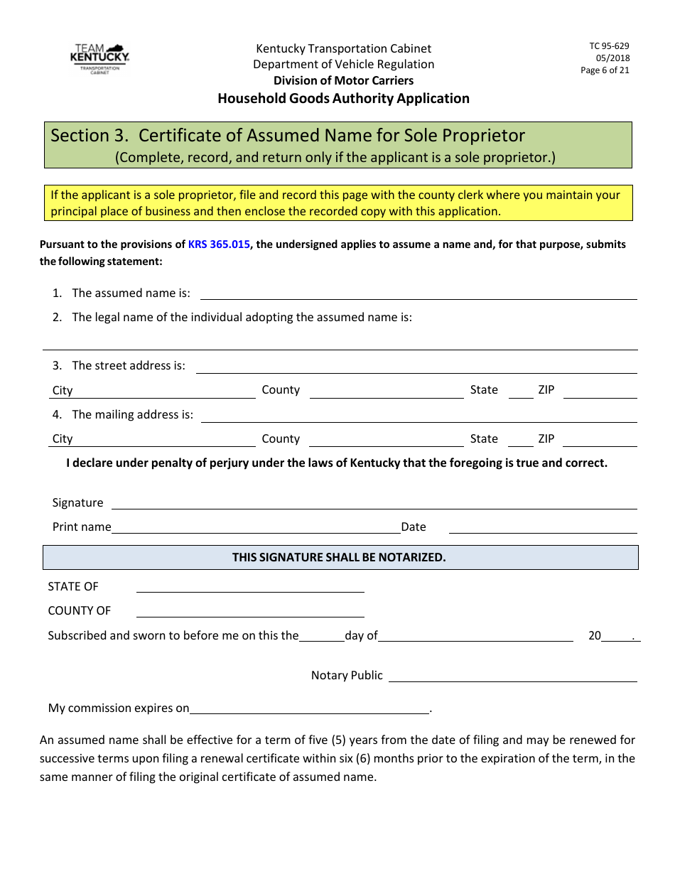 Form TC95-629 Household Goods Authority Application - Kentucky, Page 6
