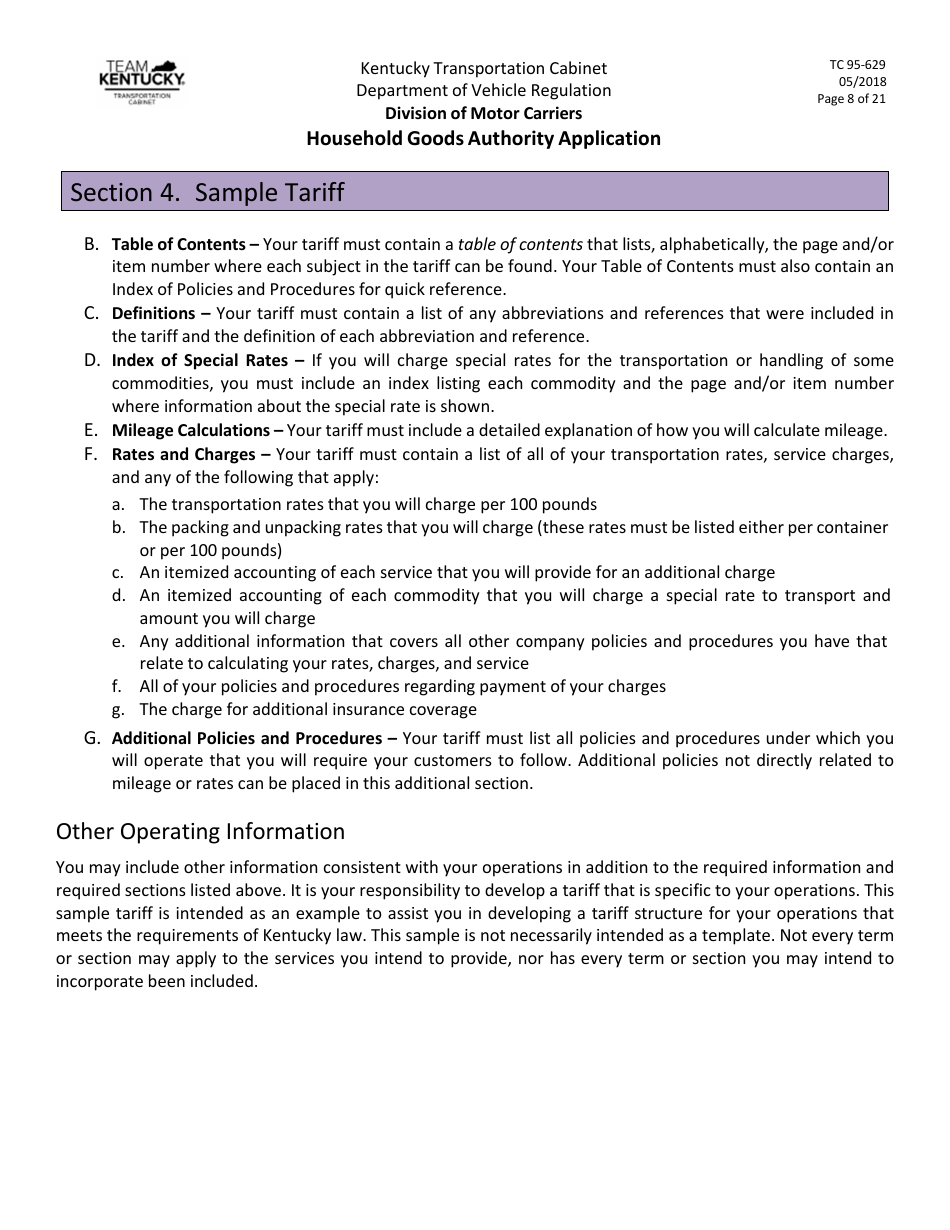 Form TC95-629 Household Goods Authority Application - Kentucky, Page 8