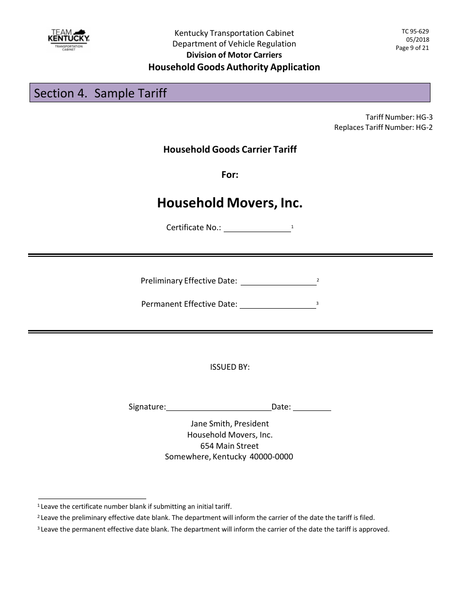 Form TC95-629 Household Goods Authority Application - Kentucky, Page 9