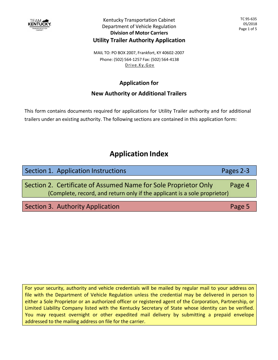 Form TC95-635 Utility Trailer Authority Application - Kentucky, Page 1