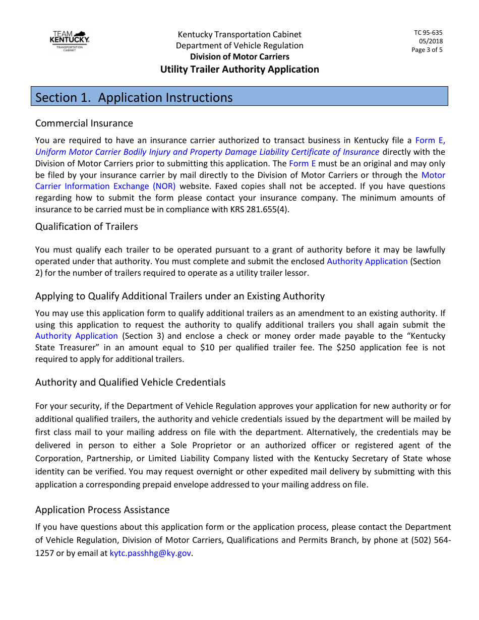 Form TC95-635 Utility Trailer Authority Application - Kentucky, Page 3