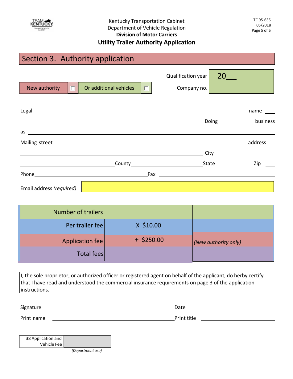 Form TC95-635 Utility Trailer Authority Application - Kentucky, Page 5