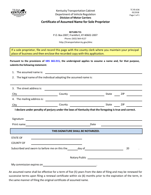 Form TC95-636 Certificate of Assumed Name for Sole Proprietor - Kentucky