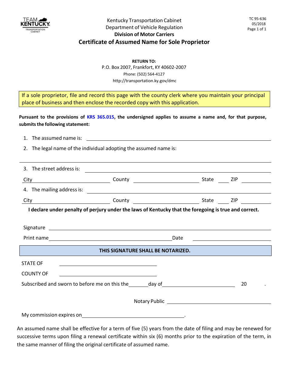 Form TC95-636 Certificate of Assumed Name for Sole Proprietor - Kentucky, Page 1