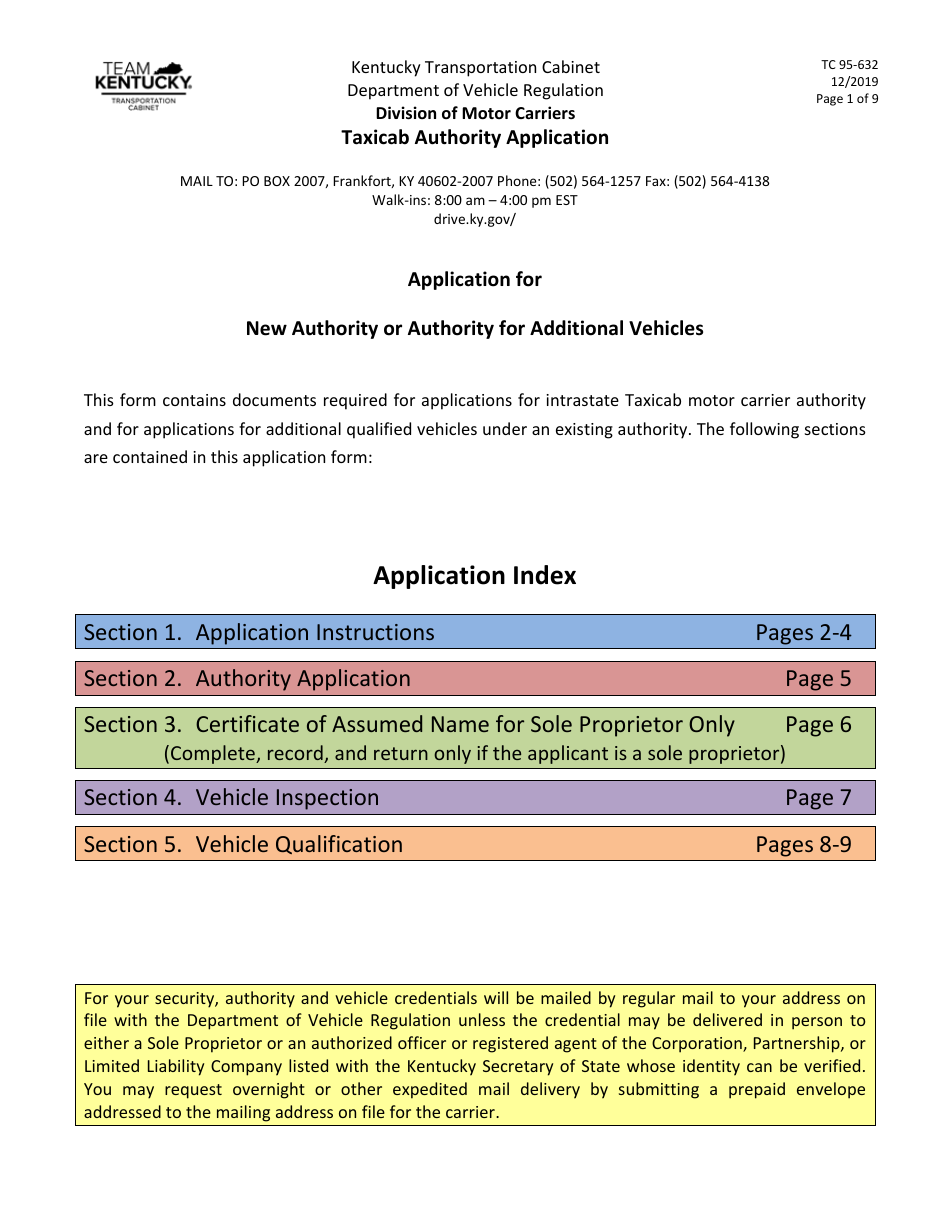 Form TC95-632 Taxicab Authority Application - Kentucky, Page 1