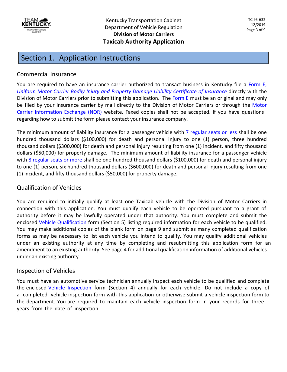 Form TC95-632 Taxicab Authority Application - Kentucky, Page 3