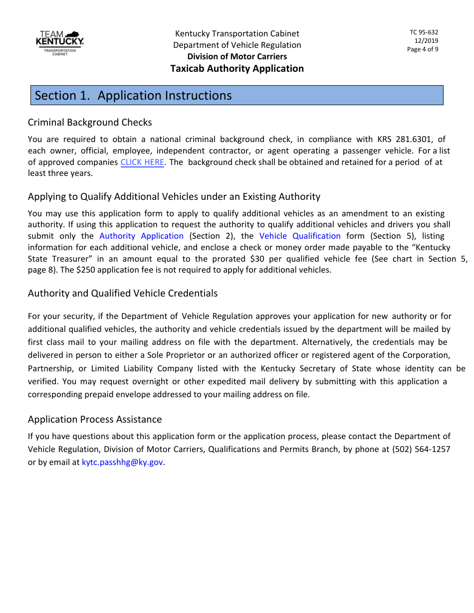 Form TC95-632 Taxicab Authority Application - Kentucky, Page 4