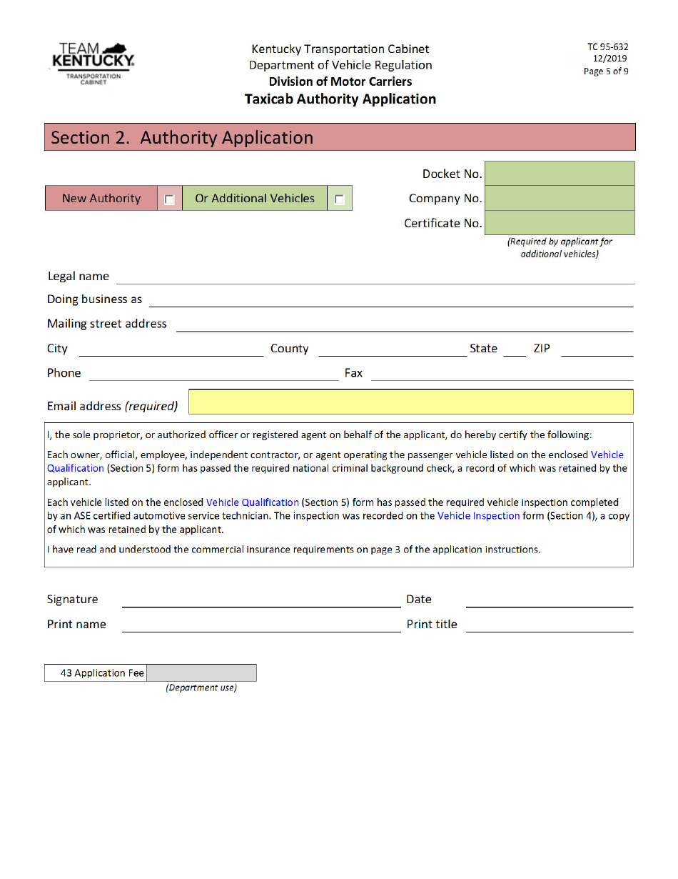 Form TC95-632 Taxicab Authority Application - Kentucky, Page 5