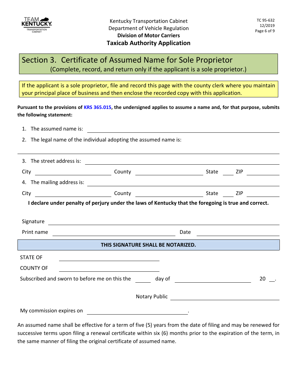 Form TC95-632 Taxicab Authority Application - Kentucky, Page 6