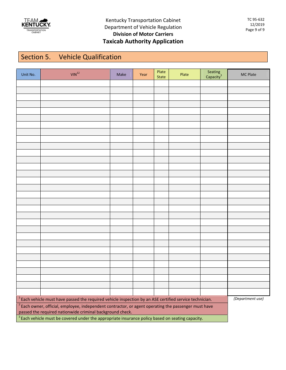 Form TC95-632 Taxicab Authority Application - Kentucky, Page 9
