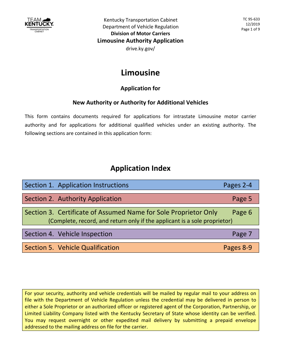 Form TC95-633 Limousine Authority Application - Kentucky, Page 1