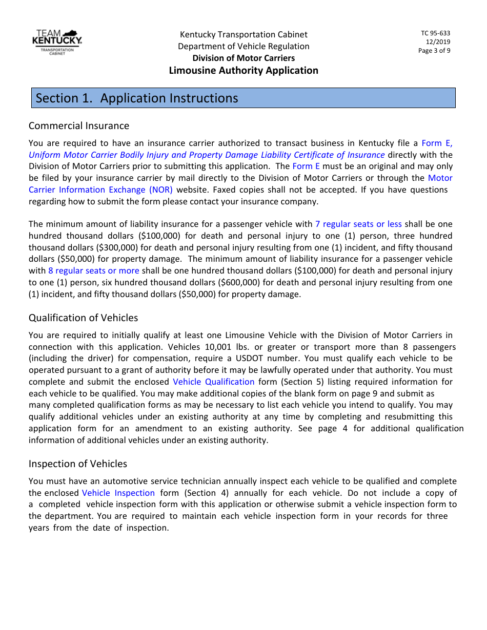 Form TC95-633 Limousine Authority Application - Kentucky, Page 3