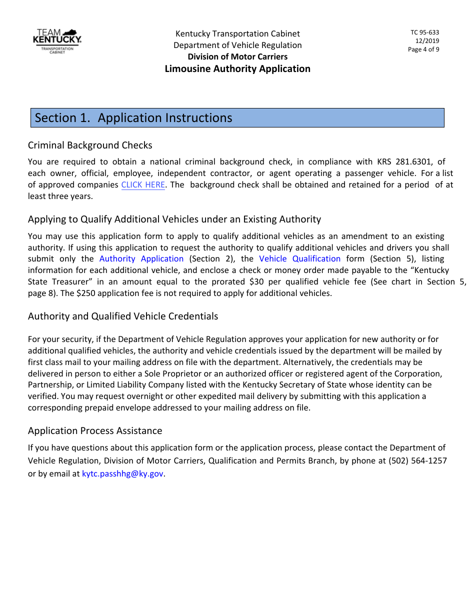 Form TC95-633 Limousine Authority Application - Kentucky, Page 4