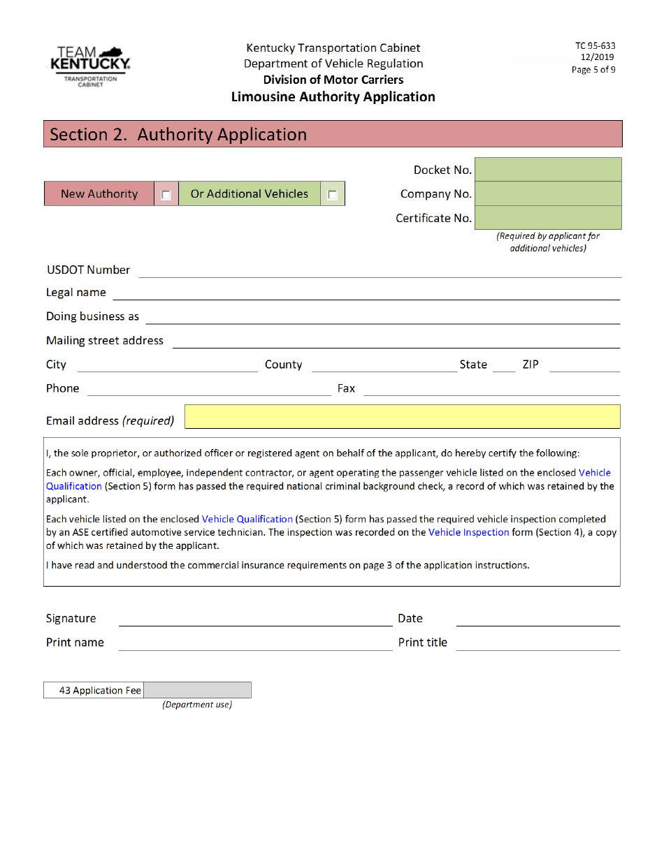 Form TC95-633 Limousine Authority Application - Kentucky, Page 5