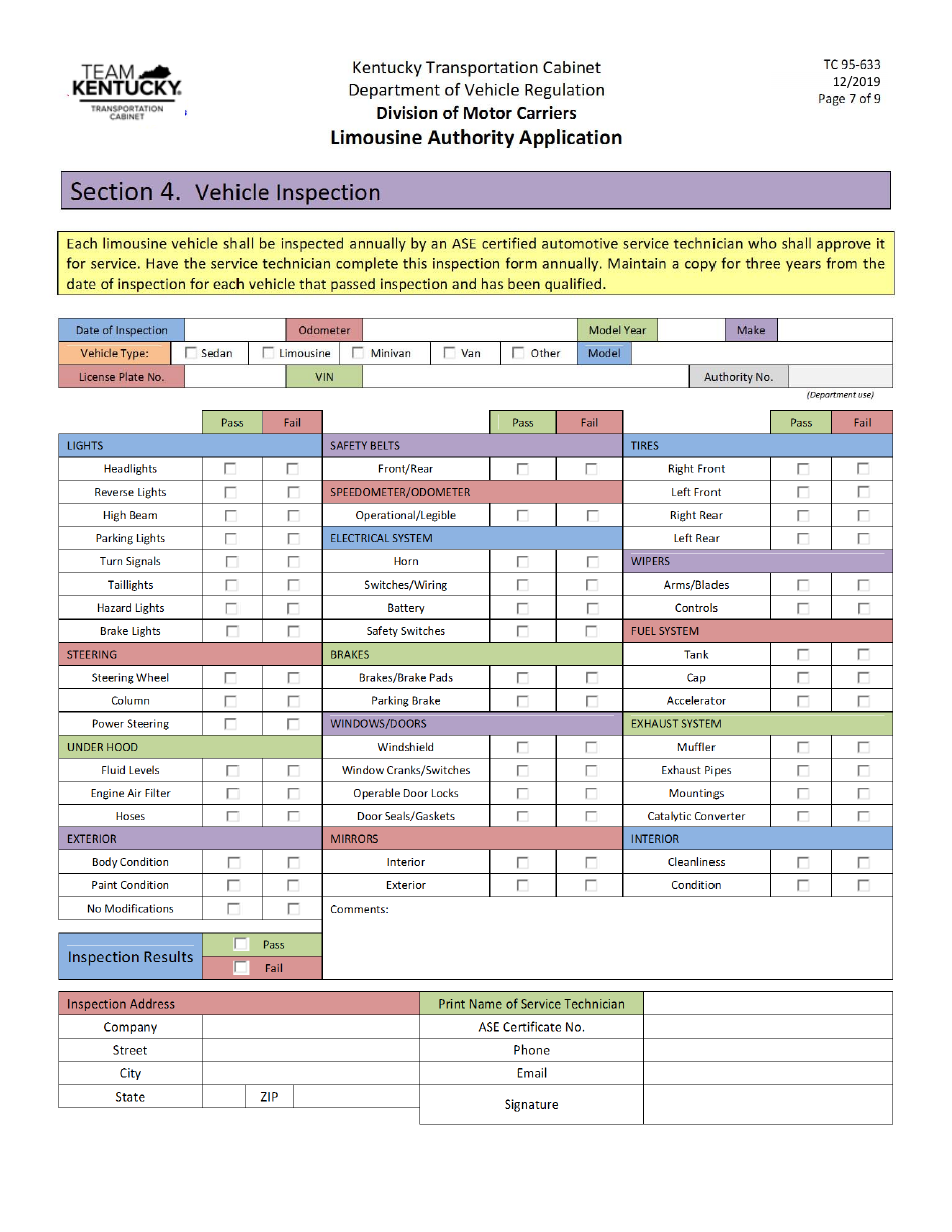 Form TC95-633 Limousine Authority Application - Kentucky, Page 7