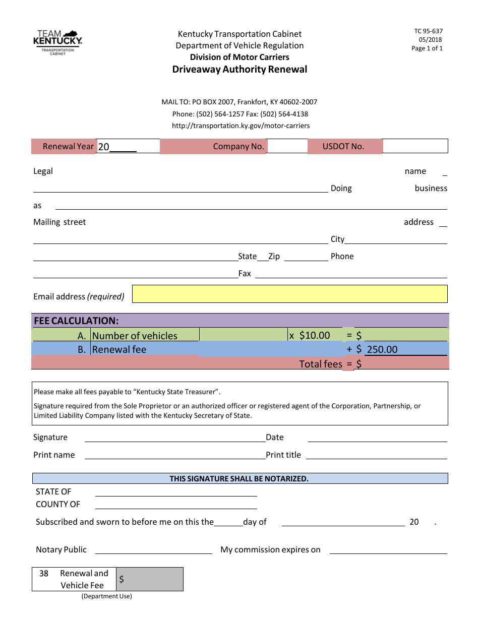 Form TC95-637 Driveaway Authority Renewal - Kentucky, Page 1