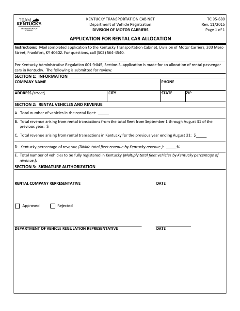 Form TC95-639 Application for Rental Car Allocation - Kentucky