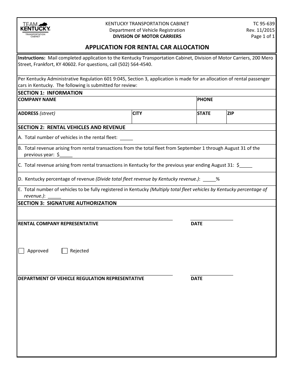 Form TC95-639 Application for Rental Car Allocation - Kentucky, Page 1