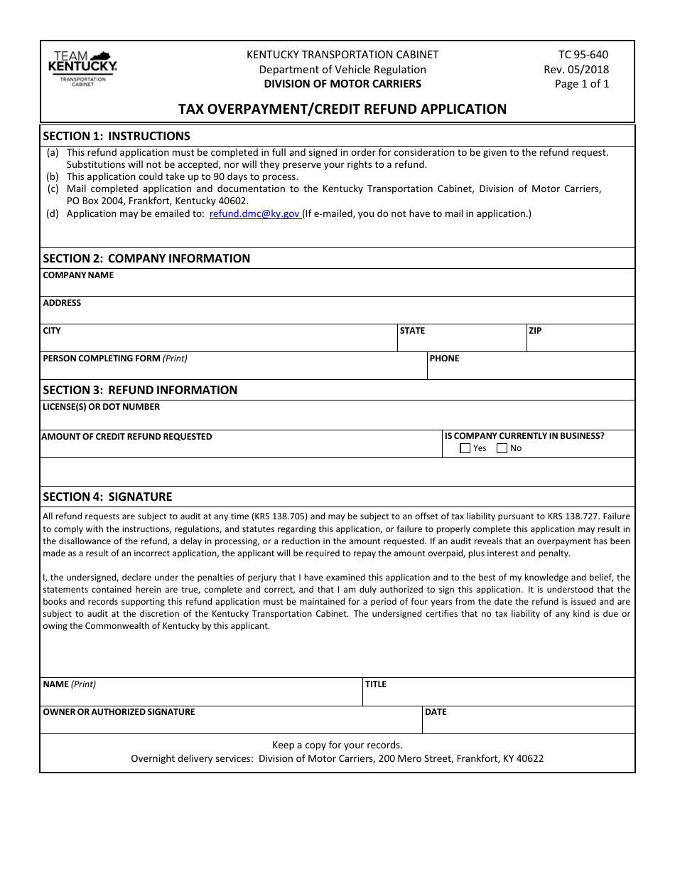 Form TC95-640 Tax Overpayment / Credit Refund Application - Kentucky, Page 1