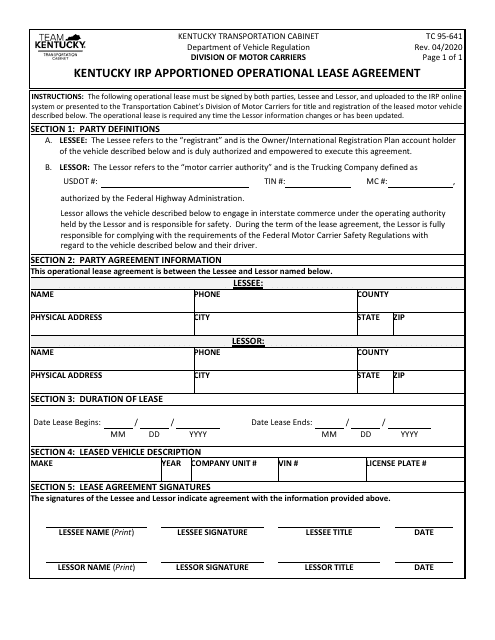 Form TC95-641 Kentucky Irp Apportioned Operational Lease Agreement - Kentucky