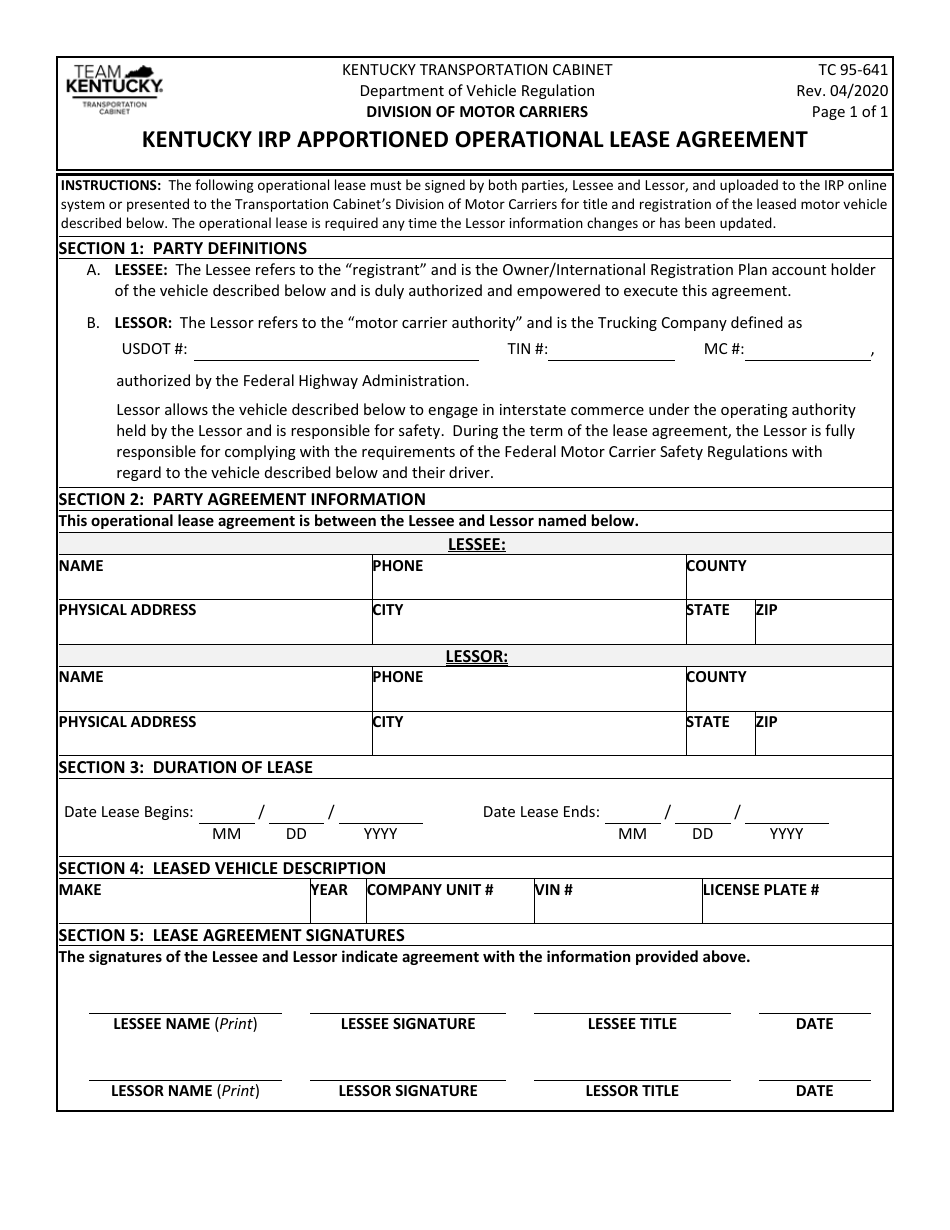 Form TC95-641 Kentucky Irp Apportioned Operational Lease Agreement - Kentucky, Page 1