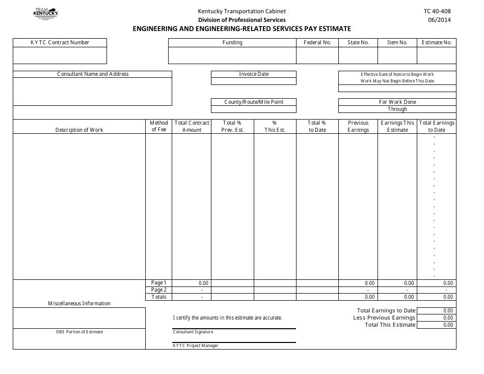 Form TC40-408 Engineering and Engineering-Related Services Pay Estimate - Kentucky, Page 1