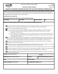 Document preview: Form TC94-1 Request for Driver Licensing Record That Includes Personal Information - Kentucky