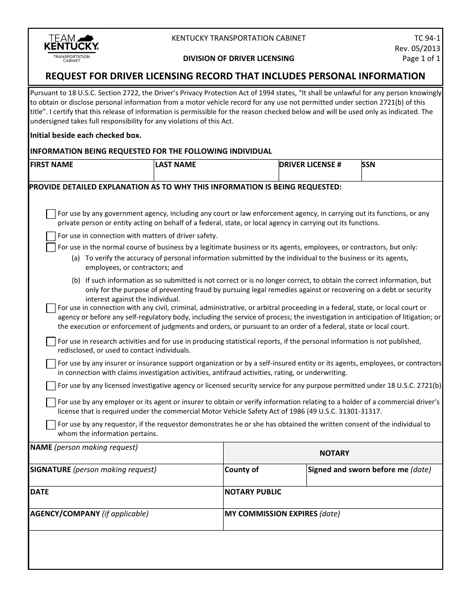 Form TC94-1 Request for Driver Licensing Record That Includes Personal Information - Kentucky, Page 1