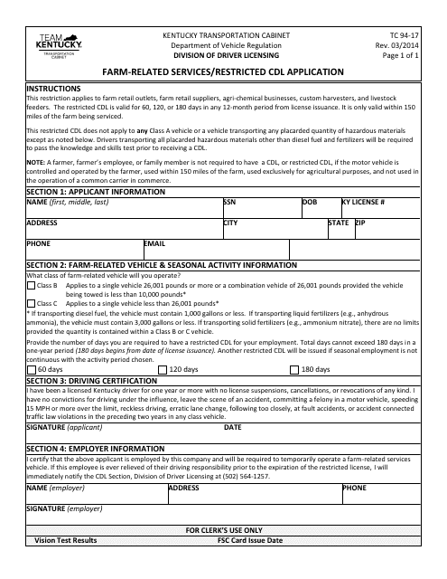 Form TC94-17 Farm-Related Services/Restricted Cdl Application - Kentucky